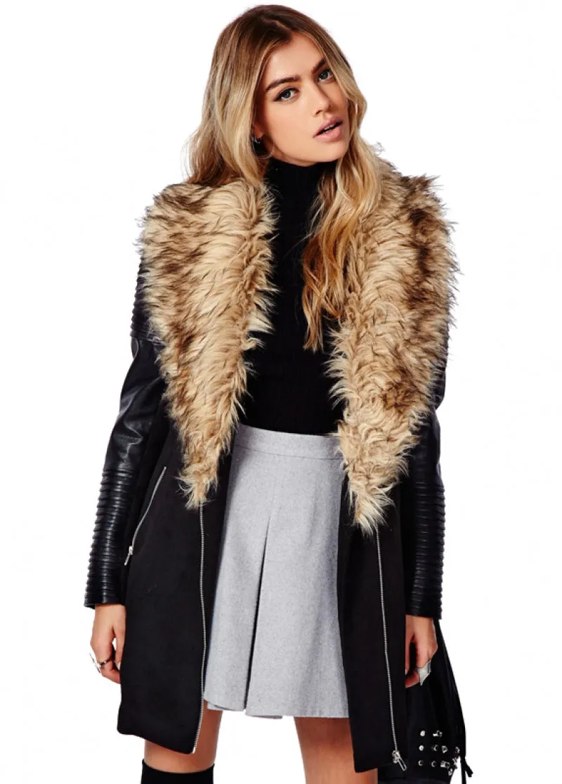 Women's Faux Leather Coat Lined with Vogue Faux Fur