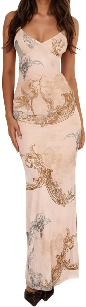 Womens Sexy V Neck Satin Maxi Dresses Spaghetti Strap Floral Print Dresses Slim Fit Elegant Long Dresses Night Party Outfits
