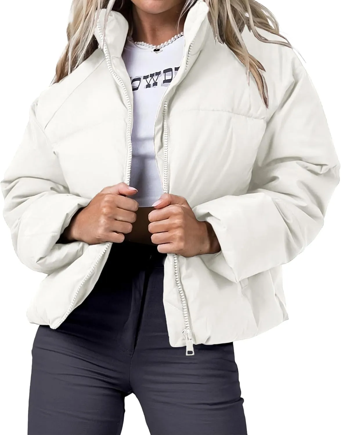 Women's Winter Cropped Puffer Jacket 2023 Long Sleeve Lightweight Zip Short Jacket Coat with Pockets